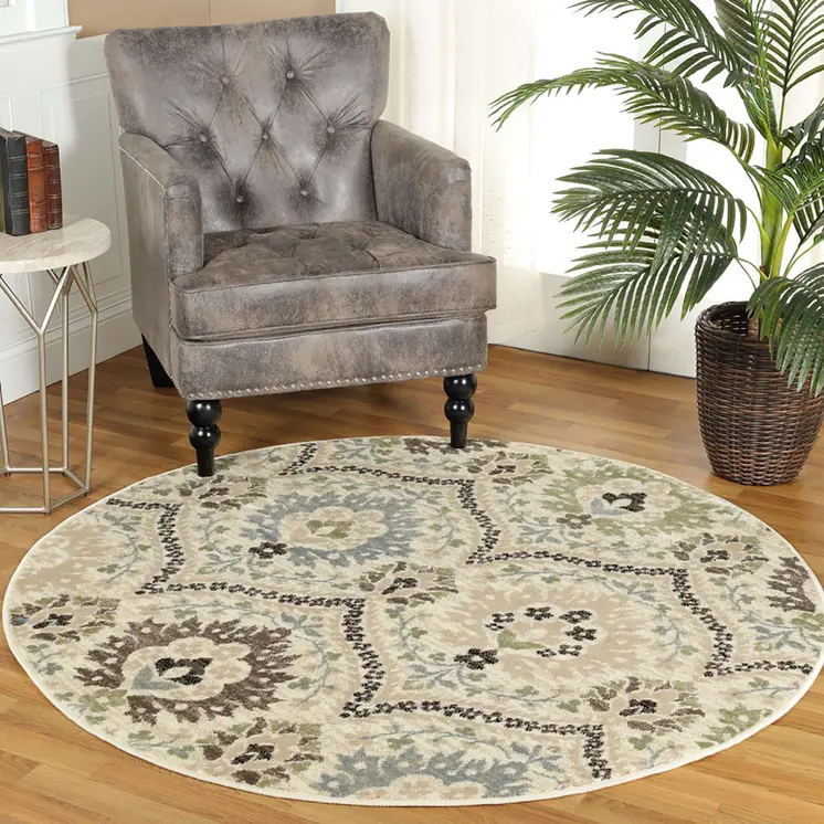 8' Gray And Ivory Floral Round Rug