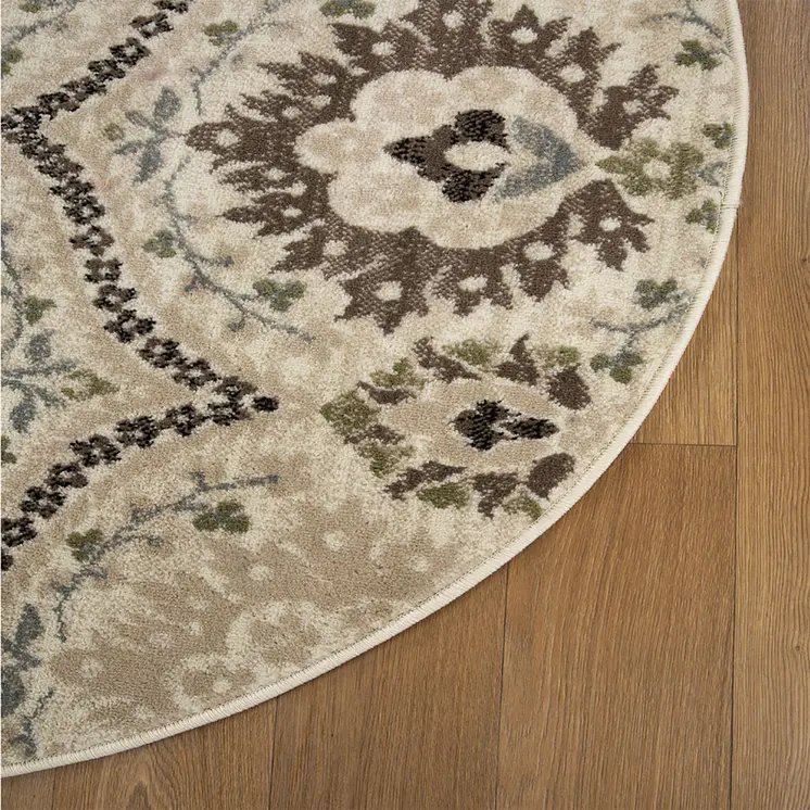 8' Gray And Ivory Floral Round Rug