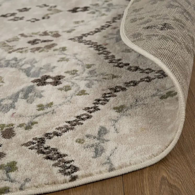8' Gray And Ivory Floral Round Rug