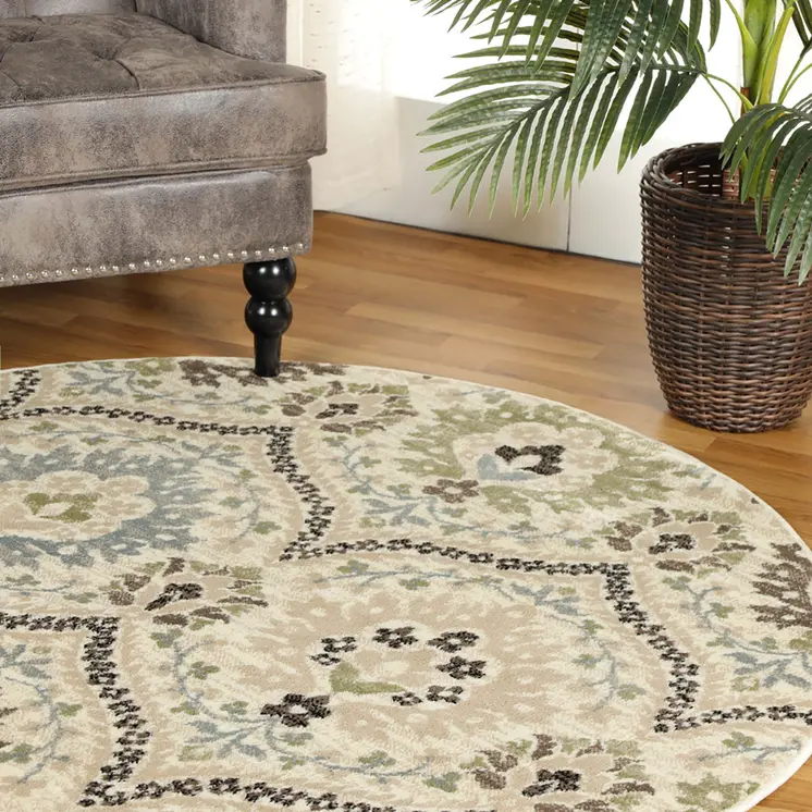 8' Gray And Ivory Floral Round Rug