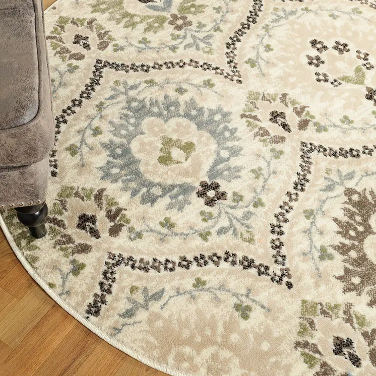 8' Gray And Ivory Floral Round Rug