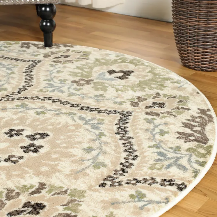 8' Gray And Ivory Floral Round Rug
