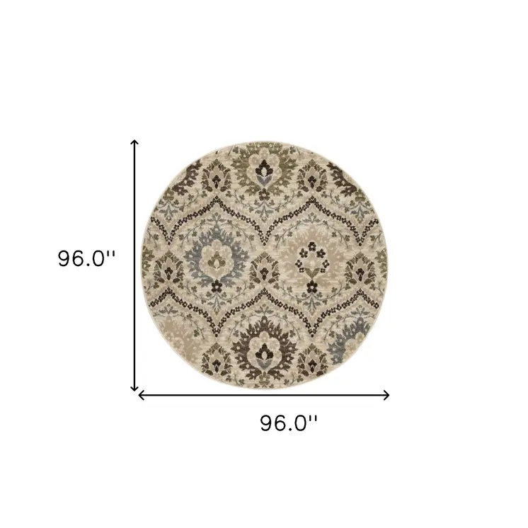 8' Gray And Ivory Floral Round Rug