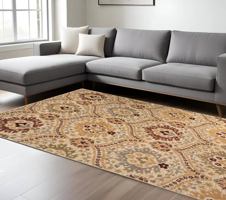 8' X 10' Camel Gray And Rust Floral Stain Resistant Area Rug