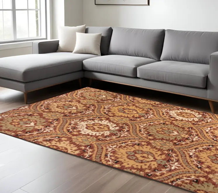 8' X 10' Red Olive And Gold Floral Stain Resistant Area Rug