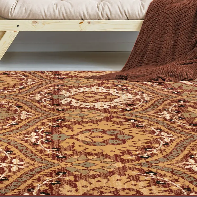 8' X 10' Red Olive And Gold Floral Stain Resistant Area Rug
