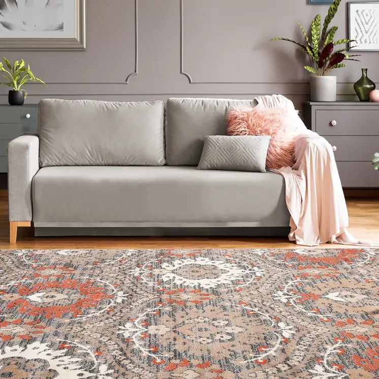8' X 10' Rust Floral Stain Resistant Area Rug