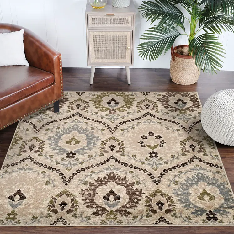 8' Gray And Ivory Floral Square Rug