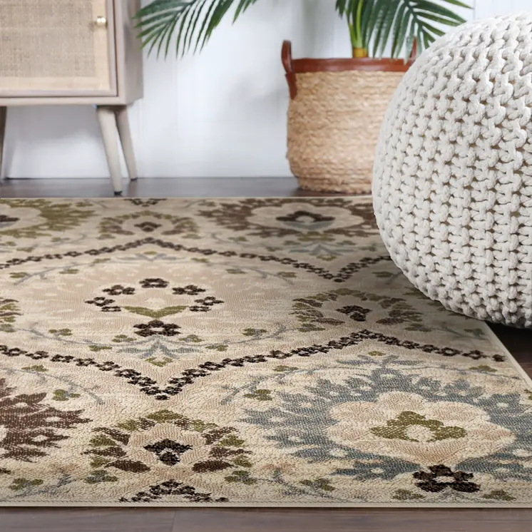 8' Gray And Ivory Floral Square Rug