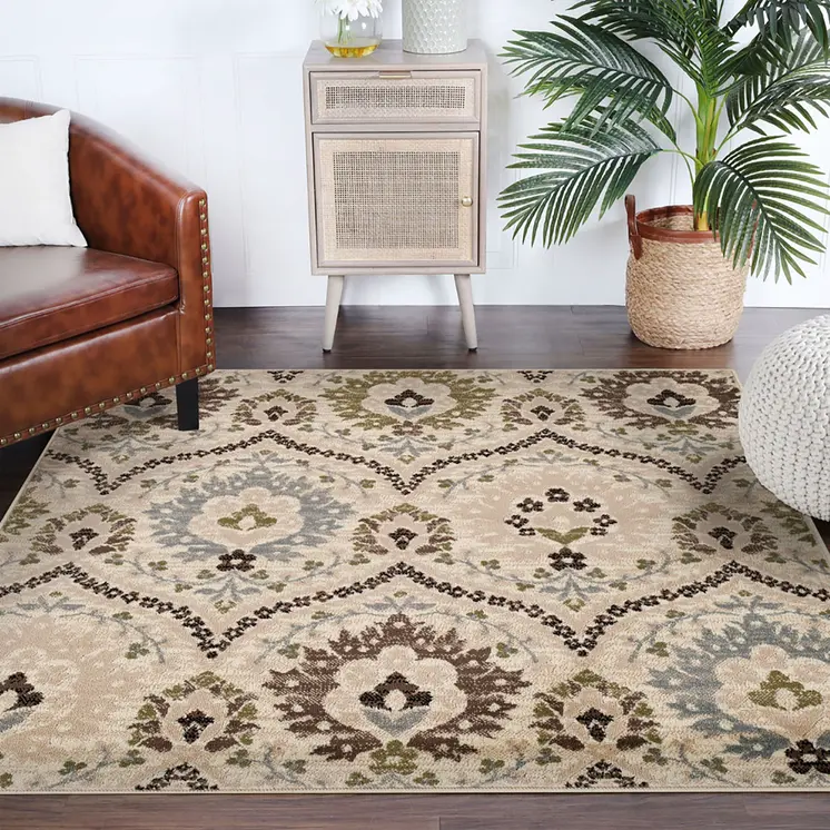 8' Gray And Ivory Floral Square Rug