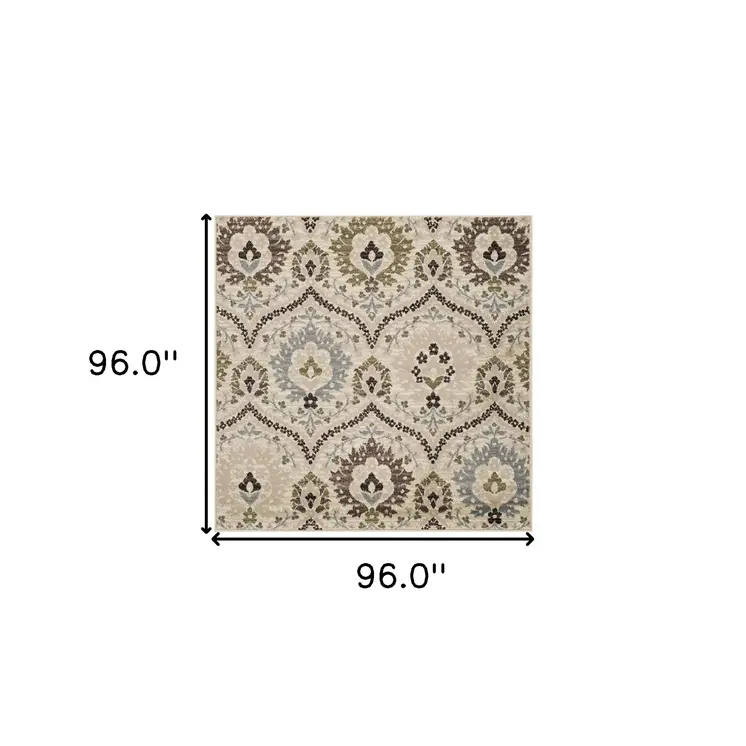 8' Gray And Ivory Floral Square Rug