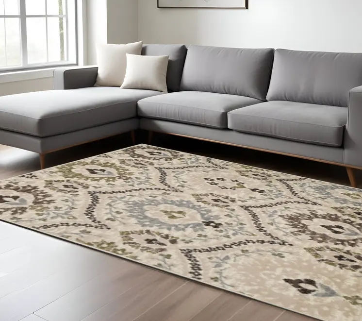 8' Gray And Ivory Floral Square Rug