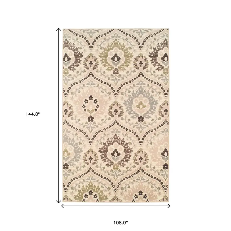 9' X 12' Ivory Floral Power Loom Distressed Stain Resistant Area Rug