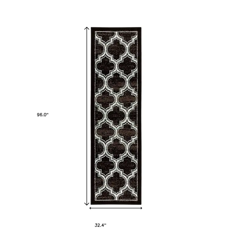8' Black Geometric Stain Resistant Runner Rug
