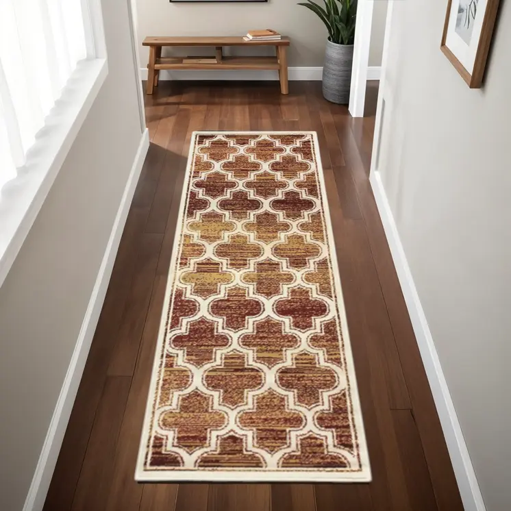 8' Brick And Gold Geometric Stain Resistant Runner Rug