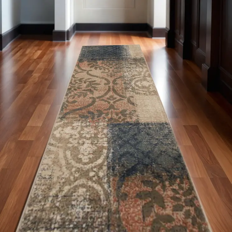 10' Navy And Salmon Damask Distressed Stain Resistant Runner Rug