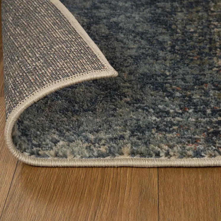 8' Navy And Salmon Damask Distressed Stain Resistant Runner Rug