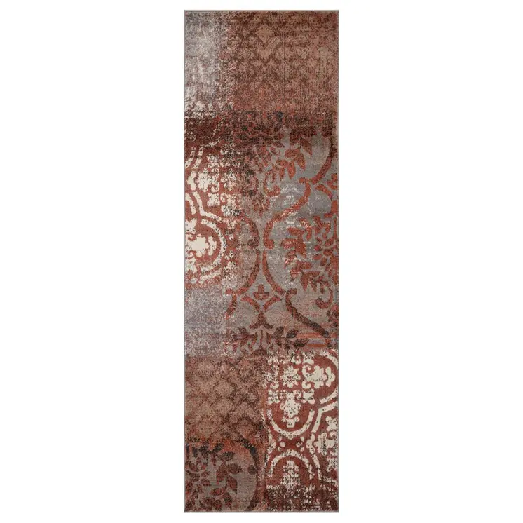8' Rust And Gray Damask Distressed Stain Resistant Runner Rug