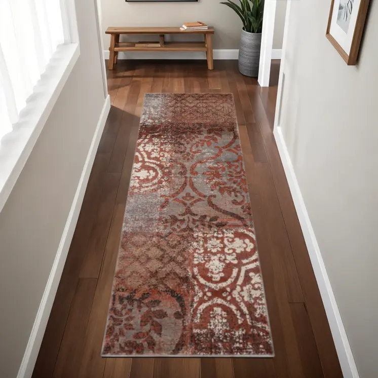 8' Rust And Gray Damask Distressed Stain Resistant Runner Rug