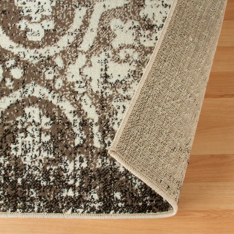 4' X 6' Tan And Brown Damask Distressed Stain Resistant Area Rug