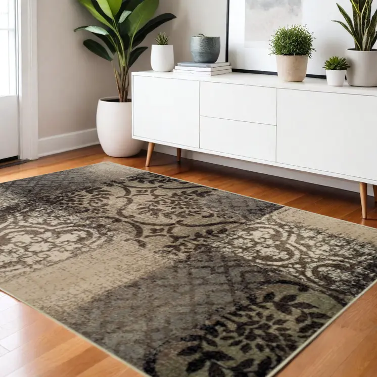 4' X 6' Tan And Brown Damask Distressed Stain Resistant Area Rug