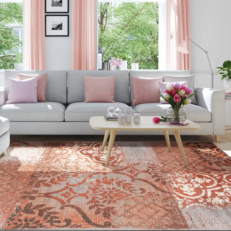 4' X 6' Rust And Gray Damask Distressed Stain Resistant Area Rug