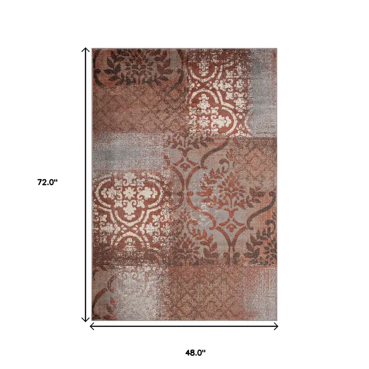 4' X 6' Rust And Gray Damask Distressed Stain Resistant Area Rug