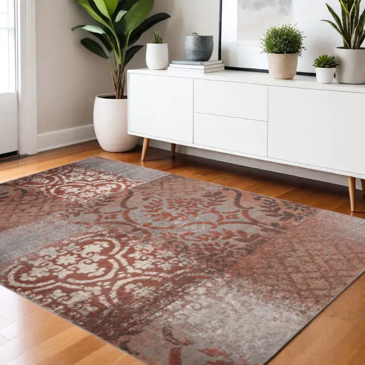 4' X 6' Rust And Gray Damask Distressed Stain Resistant Area Rug