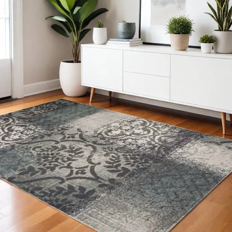 4' X 6' Teal And Gray Damask Distressed Stain Resistant Area Rug