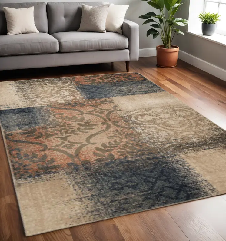 5' X 8' Navy And Salmon Damask Distressed Stain Resistant Area Rug