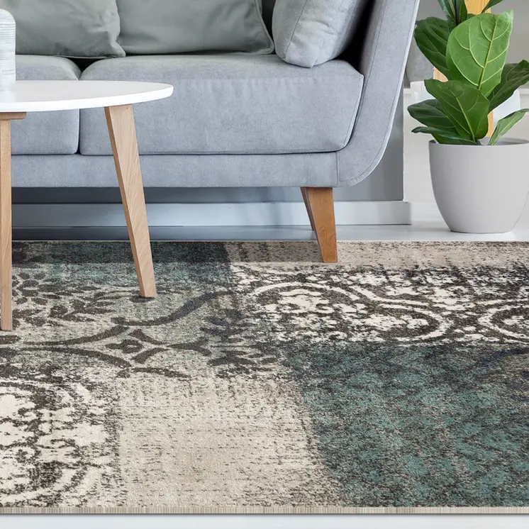 5' X 8' Teal And Gray Damask Distressed Stain Resistant Area Rug
