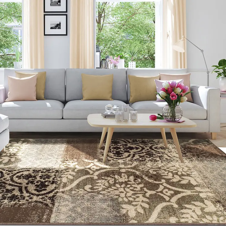 8' X 10' Ivory Light Blue Damask Distressed Stain Resistant Area Rug