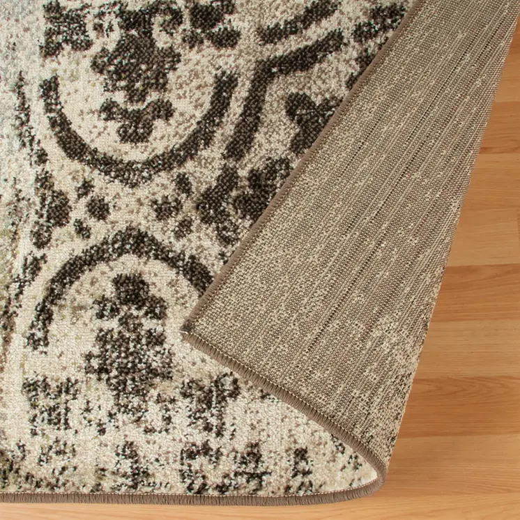 8' X 10' Ivory Light Blue Damask Distressed Stain Resistant Area Rug