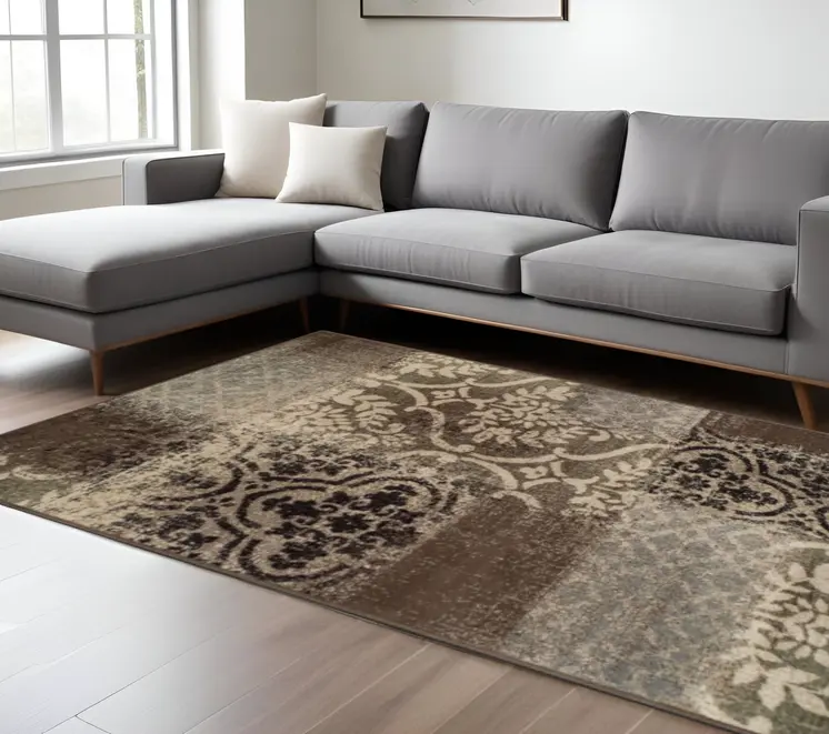 8' X 10' Ivory Light Blue Damask Distressed Stain Resistant Area Rug