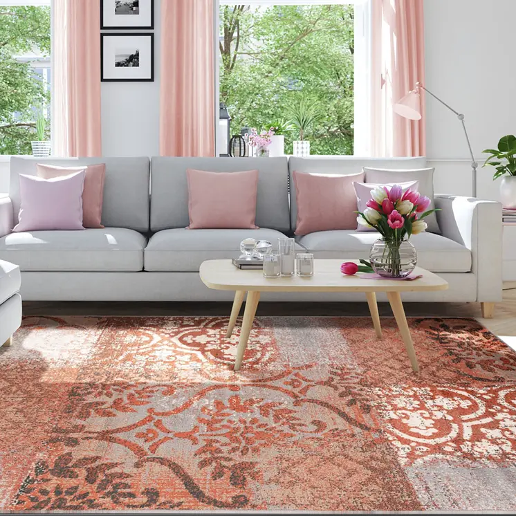8' X 10' Rust And Gray Damask Distressed Stain Resistant Area Rug