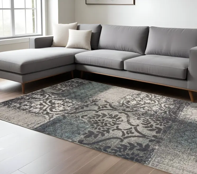 8' X 10' Teal And Gray Damask Distressed Stain Resistant Area Rug
