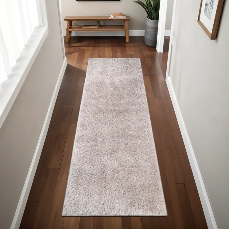 8' Beige Shag Stain Resistant Runner Rug