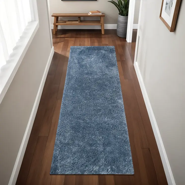 8' Blue Shag Stain Resistant Runner Rug