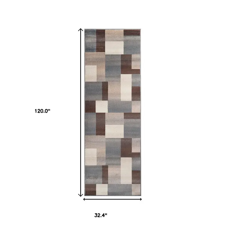 10' Grey Patchwork Stain Resistant Runner Rug