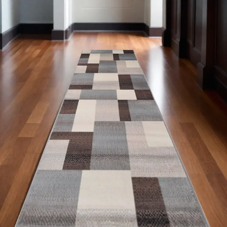12' Grey-Brown Patchwork Stain Resistant Runner Rug