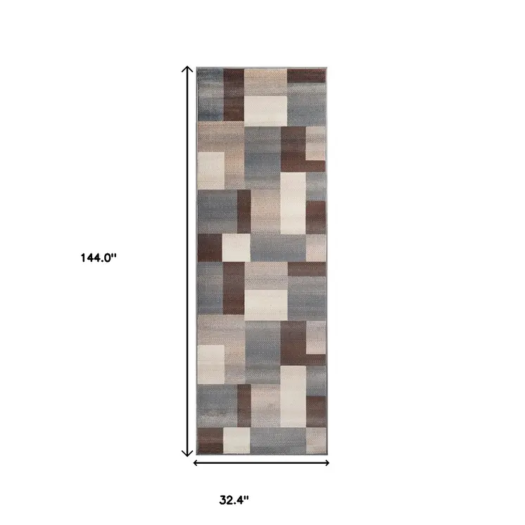 12' Grey Patchwork Stain Resistant Runner Rug