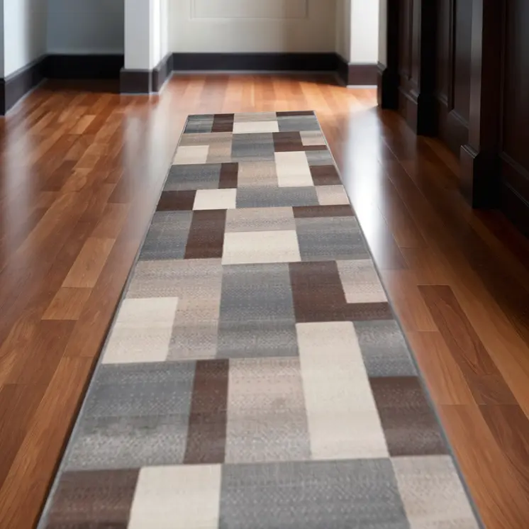 12' Grey Patchwork Stain Resistant Runner Rug