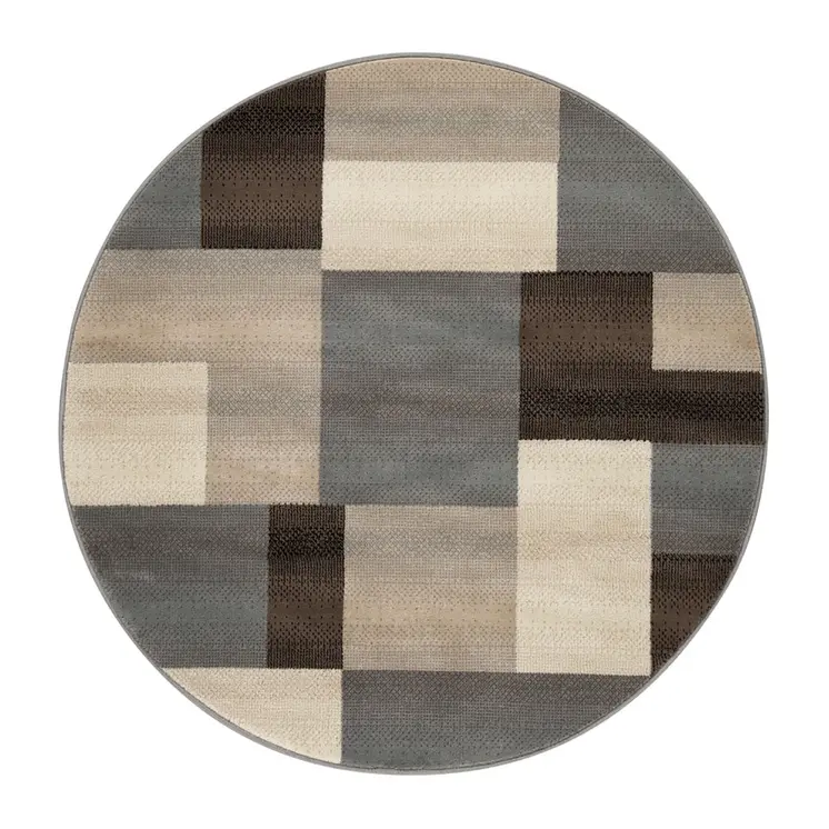 5' Blue Brown And Gray Patchwork Round Rug