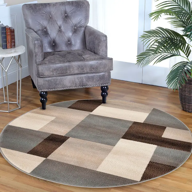 5' Blue Brown And Gray Patchwork Round Rug