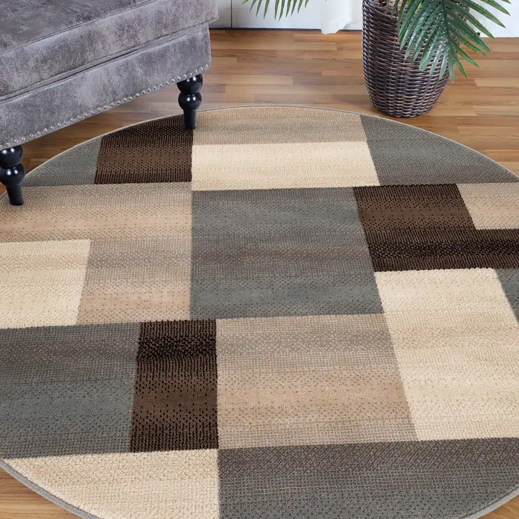 5' Blue Brown And Gray Patchwork Round Rug