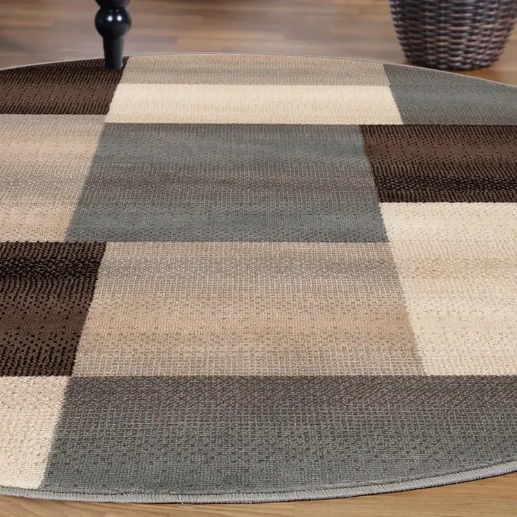 5' Blue Brown And Gray Patchwork Round Rug