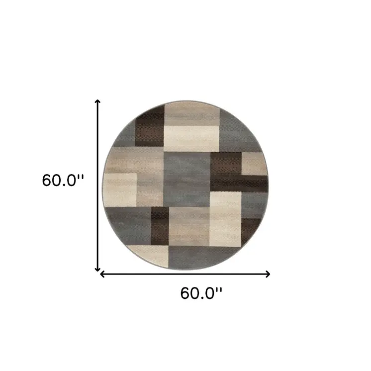 5' Blue Brown And Gray Patchwork Round Rug