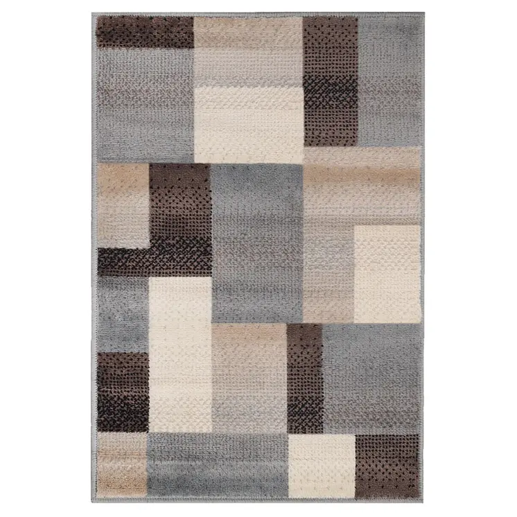 7' X 9' Gray Brown And Cream Patchwork Area Rug