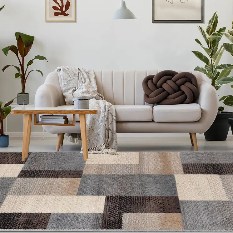 7' X 9' Gray Brown And Cream Patchwork Area Rug
