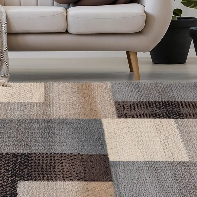 7' X 9' Gray Brown And Cream Patchwork Area Rug